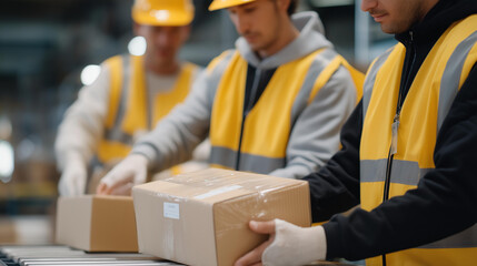 People preparing goods for delivery in an organized workspace, coordinated actions expressing efficiency, safety procedures, and dependable logistics management. cinematic color correction, natural