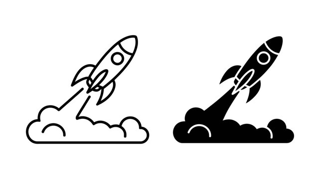 Rocket launch icon or symbol showing a spaceship taking off for space travel