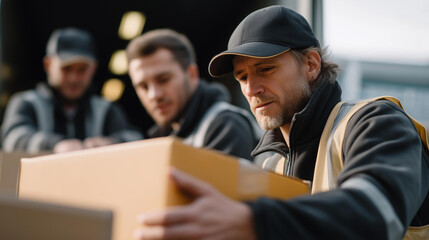 People loading products onto trucks, careful handling and teamwork emphasizing supply chain efficiency, cargo safety, and professional delivery preparation. cinematic color correction, natural