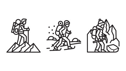 Obraz premium Outdoor Adventure Sports Icons Displaying Hiking Trekking Skiing and Alpine Mountain Climbing Activities