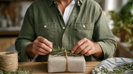 Person wrapping a gift using eco friendly materials, recycled paper and natural twine on a wooden table, expressing sustainability, care, and conscious giving. cinematic color correction, natural