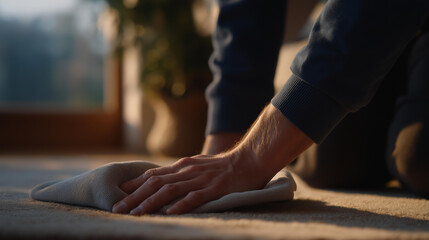 Obraz premium Cleaning carpet to remove stains and dust, realistic home environment highlighting care for comfort, sanitation, and a tidy living space. cinematic color correction, natural uneven lighting yet