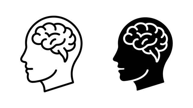 Human head with brain icon set showing line art and silhouette design