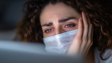 Woman with a mask shows concern while looking at a screen during a health crisis