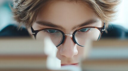 Young person studying closely with books in a library during the day
