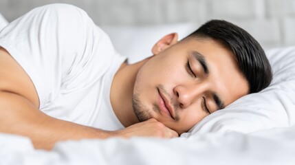 Man sleeping peacefully on a bed in a bright room during daytime