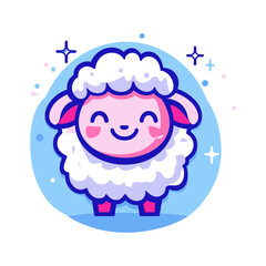 Fototapeta premium A charming kawaii-style sheep illustration featuring a soft white fleece, pink face, and happy expression, set against a circular blue backdrop with sparkling stars. This high-quality vector 