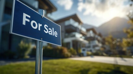 Housing market signs show homes for sale in suburban area near mountains at sunset