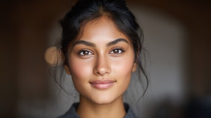 Natural portrait of a young woman smiling with warm lighting in a simple background