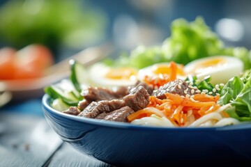 Fresh salad bowl with beef vegetables and egg sitting on a wooden table in a bright setting
