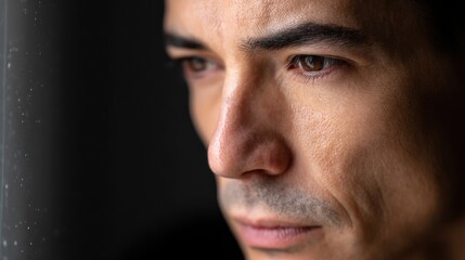 Man gazes out the window with thoughtful expression during the day in a simple indoor space