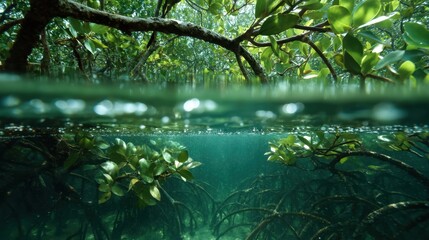 Serenity of Mangrove Roots Spreading Below the Waterline in a Lush, Green Environment
