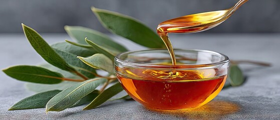 Olive oil is poured into a glass bowl with leaves nearby on a grey background in a close-up view for cooking or salad preparation