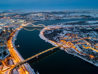 Aerial Night View of Illuminated Bridges over the Danube River in Winter, Novi Sad, Serbia