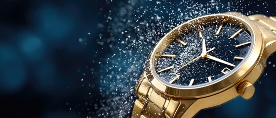 Clock with powder dust shows time running out and creates a sense of urgency on a dark background with space for text