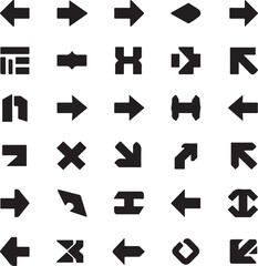 Collection of various black arrow icons on white background