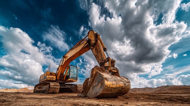 A large, yellow excavator on a construction site under a dramatic, cloudy sky - Powered by Adobe