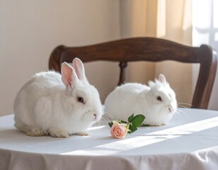 Obraz premium Two fluffy white bunnies sit gracefully at a table, with a pink rose. Natural light creates a warm ambiance. A wooden chair is behind