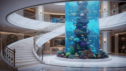Luxury lobby design features a spiral staircase and a giant aquarium in the stairs, creating a unique marine display and architectural marvel that offers an immersive visual experience