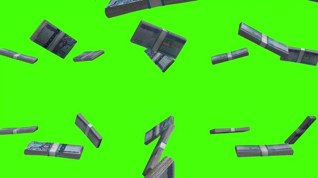 Turkmenistan Manat banknotes falling on green screen, TMT currency rain animation