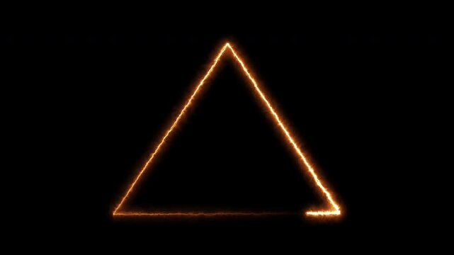 Burning triangle fire animation isolated on dark background with glowing flames and heat effect for logo reveal, warning symbol, and cinematic motion graphics