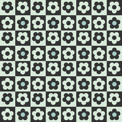 Seamless mid century modern floral pattern with stylized daisy flowers in a geometric checkerboard tile layout. Retro floral design with bold contrast and minimalist styling
