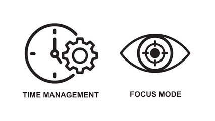 Obraz premium Time Management and Focus Mode Icons with Gear Clock and Target Eye Productivity Symbols