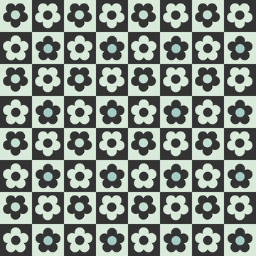 Seamless mid century modern floral pattern with stylized daisy flowers in a geometric checkerboard tile layout. Retro floral design with bold contrast and minimalist styling