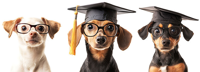 Cute dogs wearing glasses and graduation caps display joyful celebration of achievement and intelligence. Their adorable expressions bring