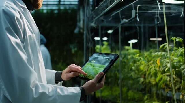 Medium shot of a technician analyzing digital data on a tablet screen showcasing the use of software tools for identifying plant diseases through image recognition technology.