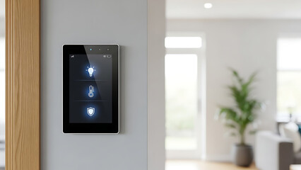 Smart home control panel on wall in modern living room interior  
