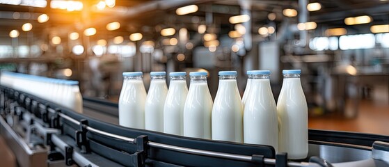 Milk production line with glass bottles on conveyor belt in modern factory displaying filling and processing equipment in operation