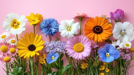 Fototapeta premium Bright array of flowers on a pink background