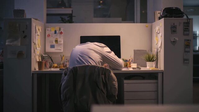 Overworked office employee collapsed at cubicle desk during late night overtime with burnout mood