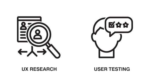 Minimalist Line Icons Representing User Experience Research and User Testing Feedback with a Magnifying Glass and Profile Speech Bubble