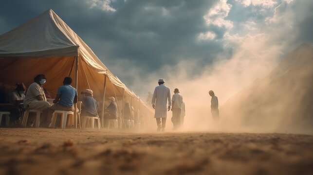 A group of individuals seek shelter under a large tent amid a dust storm. Amidst the chaos of the natural world, the image portrays the community's perseverance and reliance on one another.