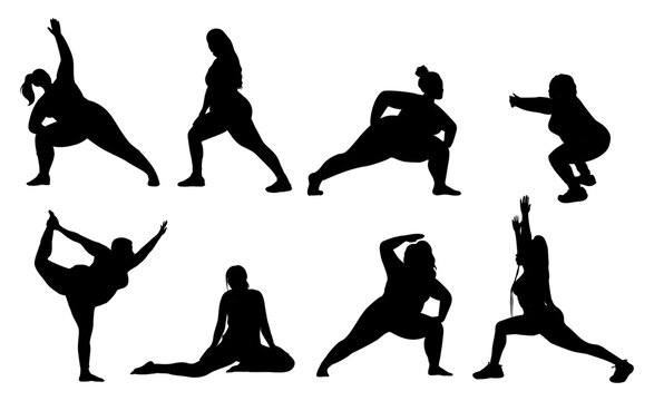 Black vector silhouettes of plus size women practicing yoga and fitness poses. Body positive, curvy figures in dynamic stretching and balance positions. Isolated on transparent background