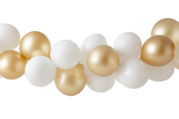 Golden and white balloon garland isolated on transparent background