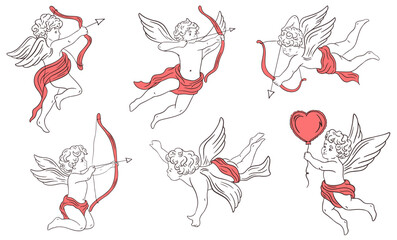 Hand drawn whimsical cupids collection. Whimsical antique angel baby. Vintage cherub greek statues with arrow, bow and wings. Vector retro little angel  for poster, wedding invitation, menu, posters