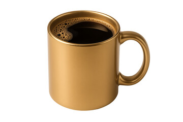 Gold coffee mug filled with black coffee isolated on transparent background