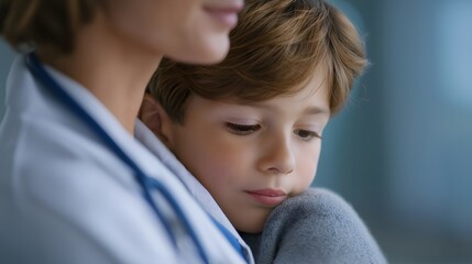Obraz premium A comforting embrace between a doctor and a young child evokes feelings of safety and care in a medical setting.