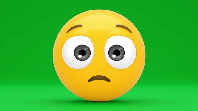 Sad emoji face with pleading eyes on green screen background, worried yellow 3D emoticon character, unhappy facial expression for social media