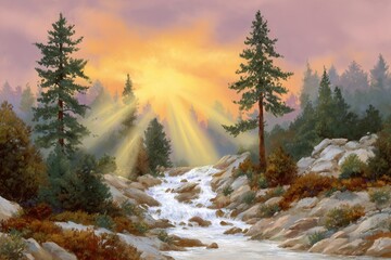 Sunrise serene mountain stream landscape