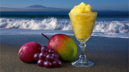 Tropical beach setting with fresh mango sorbet exotic fruits