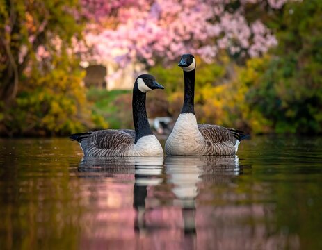 Two geese with contrasting black necks float on calm water. Pink and green foliage adorns the backdrop creating soft blurred background