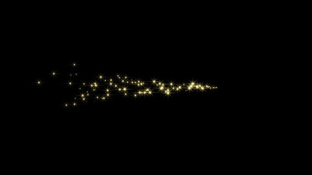 Golden stars and bokeh lights sparkle glitters trail. magic glitter line, glowing doodle star, twinkle star line sparkle, golden twinkling particles, starlight dust line transition on black screen, 4K