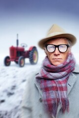 Elderly man in winter coat hat stands in with red tractor in background