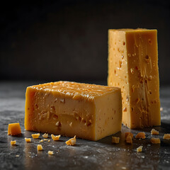 Crunchy cheddar cheese blocks on a dark background