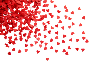 Scattered red hearts isolated on transparent background