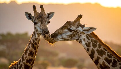 Two giraffes embrace at sunset, their long necks and patterned coats highlighted by the warm, golden light. A tender moment in nature